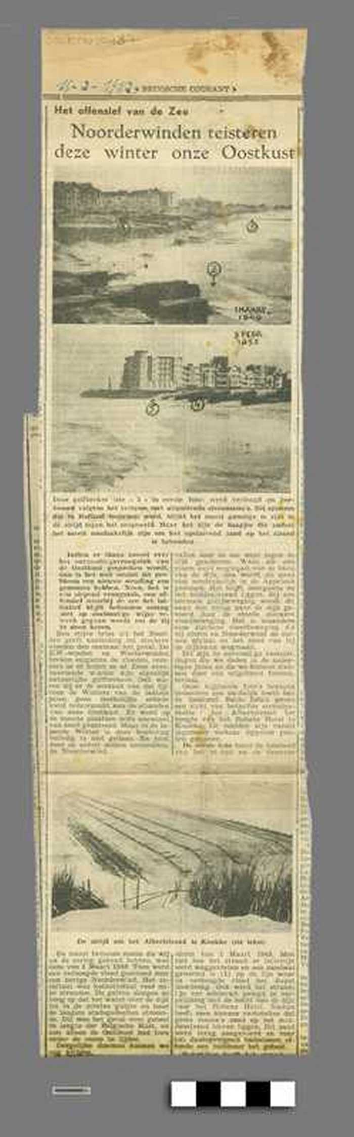 Uitgeknipt krantenartikel uit de Brugsche courant: Het offensief van de Zee - Noorderwinden teisteren deze winter onze Oostkust