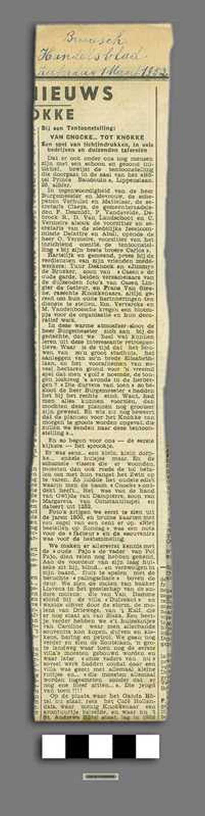 Uitgeknipt krantenartikel: Bij een tentoonstelling: Van Cnocke tot Knokke