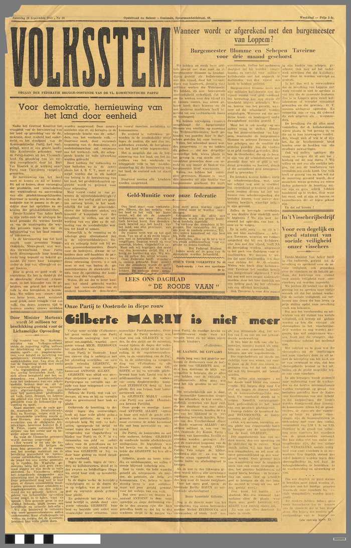 Krantje: Volksstem - Orgaan der federatie Brugge-Oostende van de Vlaamse Kommunistische Partij - zaterdag 29 september 1945 - N