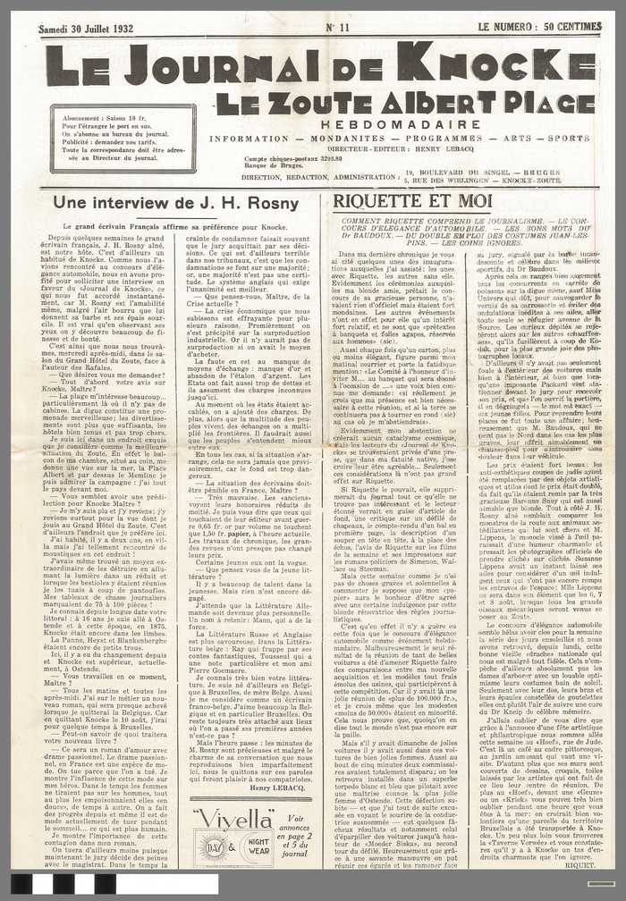 Krant: Le Journal de Knocke Le Zoute - Albert Plage - Hebdomadaire - nr 11 - samedi 30 juillet 1932