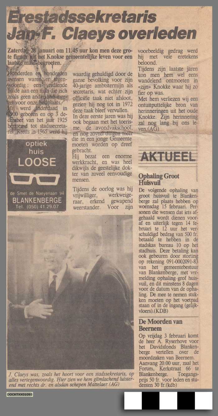 Krantenartikel 'Erestadssekretaris Jan F. Claeys overleden'