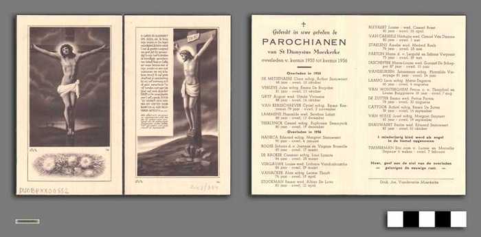 Gedenkt in uwe gebeden de Parochianen van ST. Dionysius Moerkerke overleden van kermis 1955 tot kermis 1956