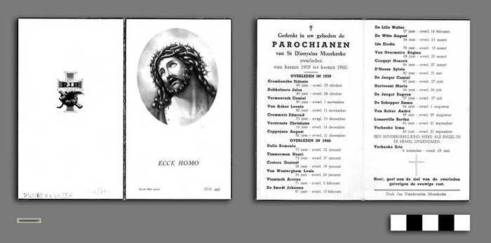 Gedenkt in uw gebeden de Parochianen van St Dionysius Moerkerke overleden van kermis 1959 tot kermis 1960