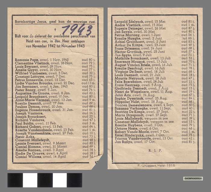 Bid voor de overledene parochianen van Heist-aan-zee in den Heer ontslapen van November 1942 tot November 1943