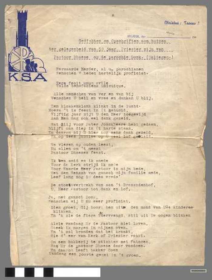 Gedicht ter gelegenheid van 50 jaar priester van pastoor Dhaese.