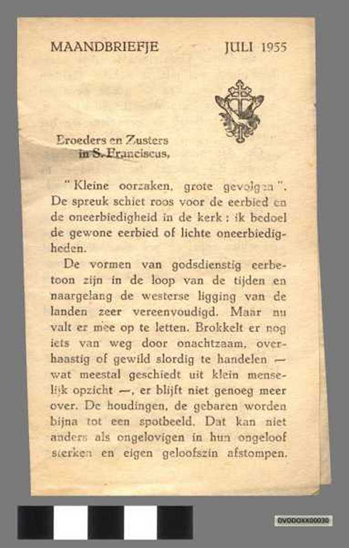 Broeders en Zusters in St. Franciscus. Maandbrief juli 1955
