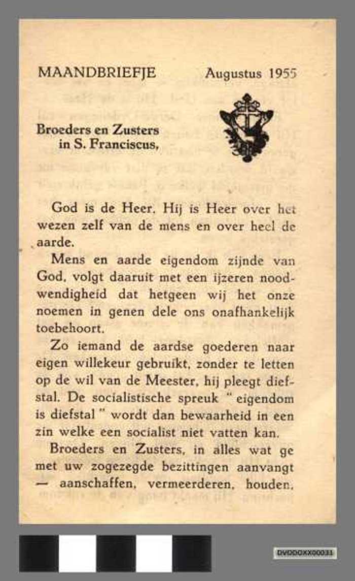 Broeders en Zusters in St. Franciscus. Maandbrief augustus 1955