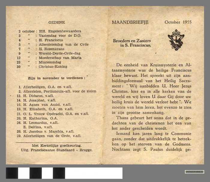 Broeders en Zusters in St. Franciscus. Maandbrief october 1955