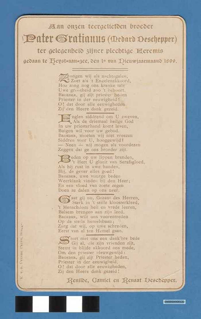 Aan onzen teergeliefden broeder PATER GRATIANUS (Medard Deschepper) ter gelegenheid zijner plechtiige Eeremis