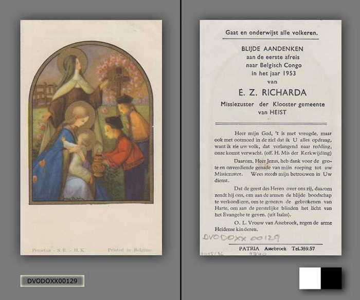 Aandenken aan de eerste afreis van Eerwaarde Zuster Richarda naar Belgisch Congo