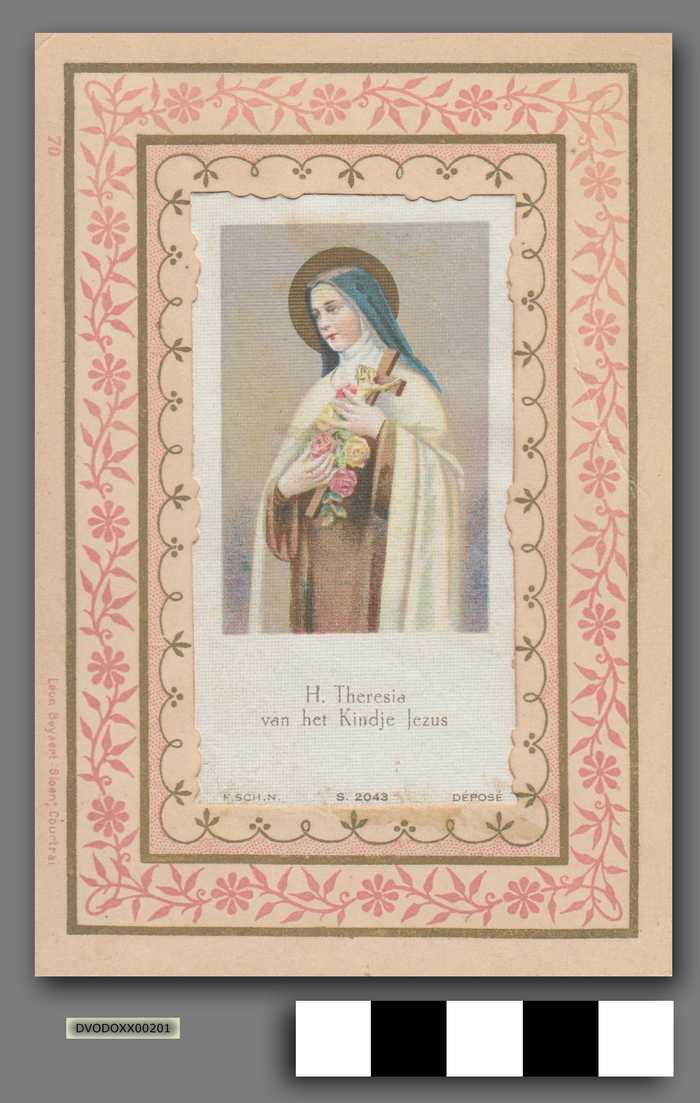 Devotieprentje van H. Theresia van Lisieuxi in kader met staander