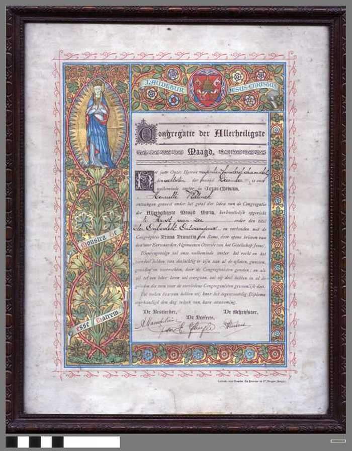 Getuigschrift toetreding tot de Congregatie der Allerheiligste Maagd