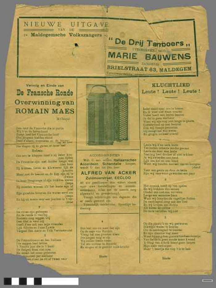 Nieuwe uitgave van de Maldegemsche volkszangers `De Drij Tamboers: Vervolg en einde van de Fransche Ronde - Overwinning van Romain Maes / Kluchtlief