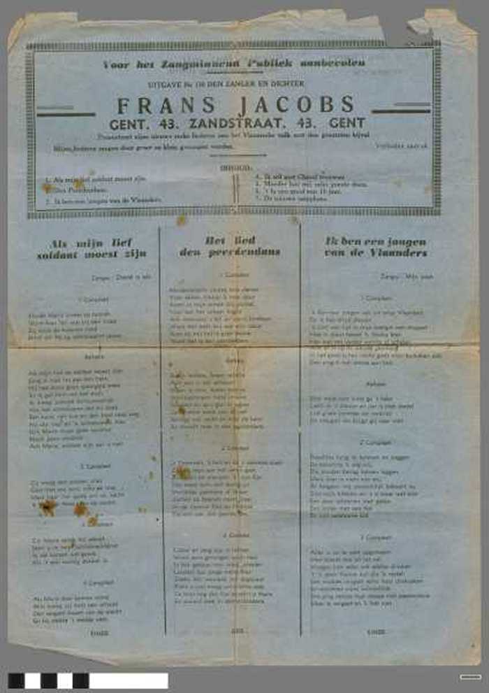 Voor het zangminnend publiek aanbevolen - uitgave Nr 130 den zanger en dichter Frans Jacobs: Als mijn lief soldaat moest zijn / Den Peerdendans / Ik b