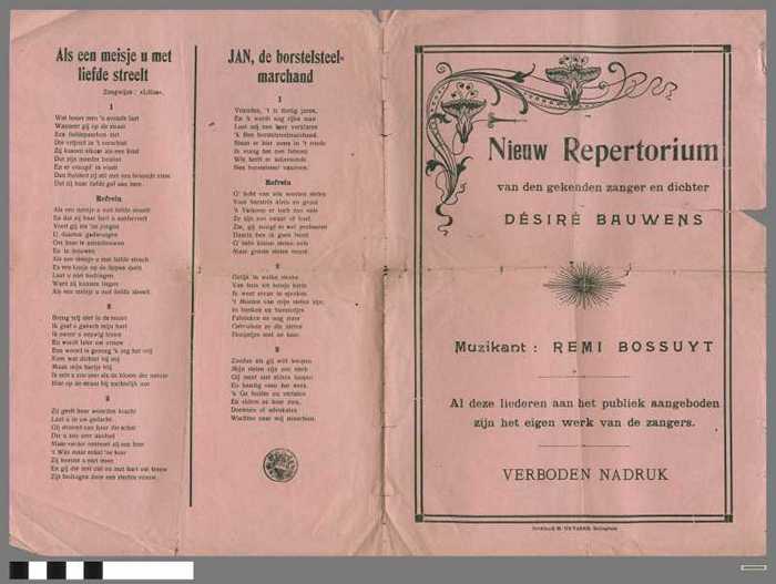 Nieuw repertorium van den gekenden zanger en dichter Désiré Bauwens: Gustje gaf het kussen op / De mannen zijn gene chieke tabak weerd / De vlieger /