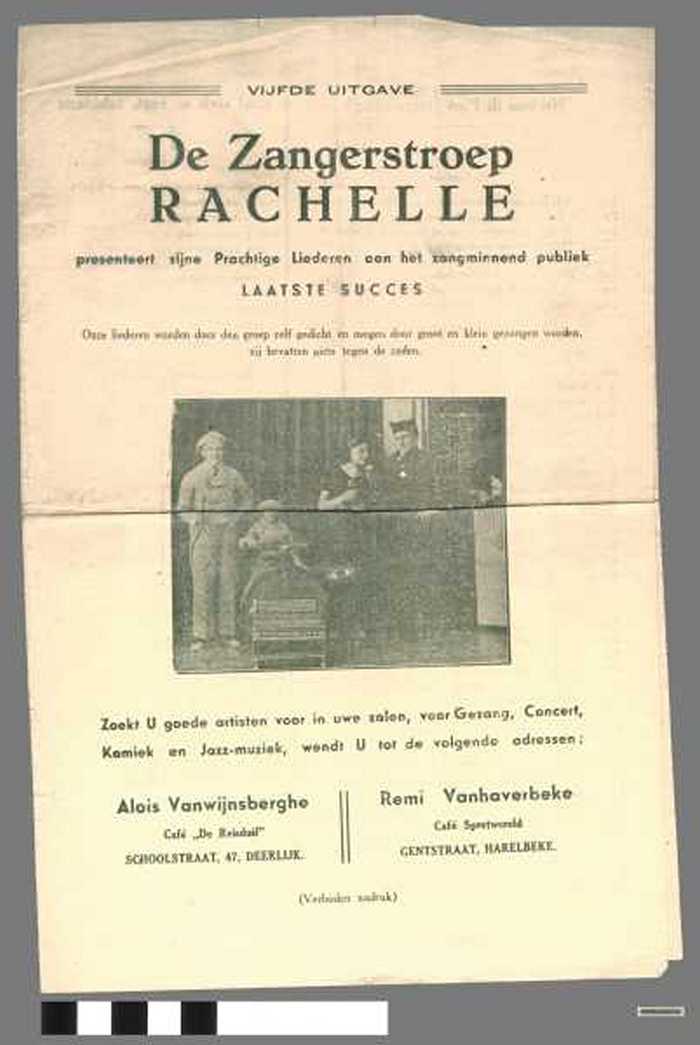 De zangersgroep Rachelle presenteert zijne Prachtige liederen aan het zangminnend publiek: Nu ben ik Piot / Rik! Stek ze vast, schidans / De ware lief