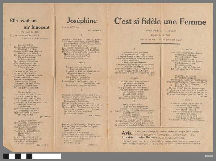 Blaadje met 8 liedjes o.a. C'est pour toi - Onder haaren Balkoen - Al de Menschen zonder centen die spelen 't Huis Cinéma - ?
