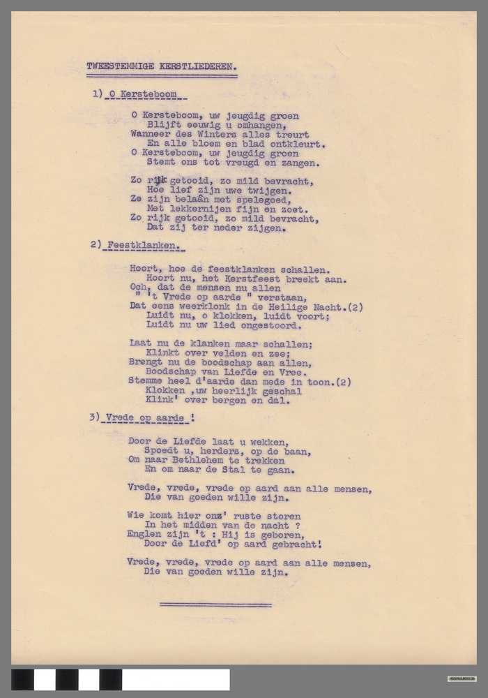 Tweestemmige Kerstliederen: O Kersteboom / Feestklanken / Vrede op aarde