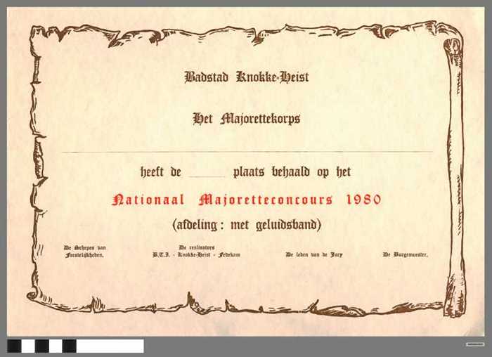 Brevet Nationaal Majoretteconcours 1980. Afdeling met geluidsband. Badstad Knokke-Heist. Het Majorettekorps. Blanco.