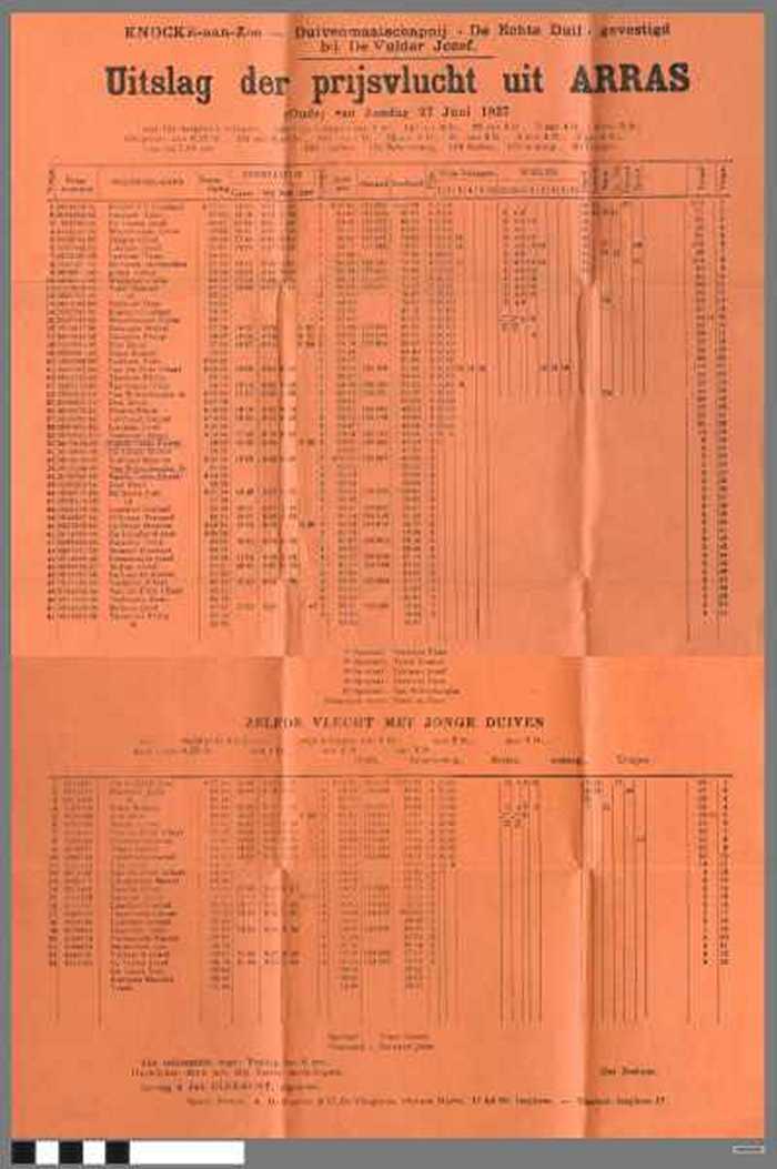 Uitslag der prijsvlucht uit Arras. Knocke-aan-Zee - Duivenmaatschappij `De Echte Duif gevestigd bij De Vulder Jozef. Zelfde Vlucht met Jonge Duiven.