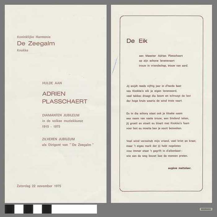 Uitnodigingskaart van de Koninklijke Harmonie De Zeegalm - Hulde aan Adrien Plasschaert