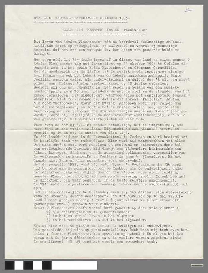 Voordracht: Hulde aan meester Adrien Plasschaert - Stadhuis Knokke - 22-11-1975