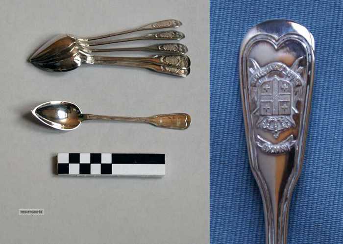 Set van 6 dessertlepeltjes met wapenschild van Sint-Sebastiaansgilde - Knocke