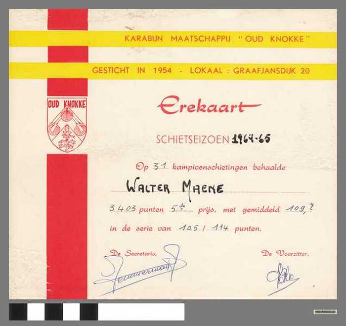 Erekaart: Karabijn Maatschappij OUD KNOKKE -Schietseizoen 1964-65