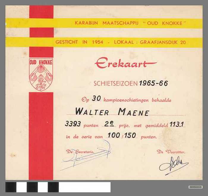 Erekaart: Karabijn Maatschappij OUD KNOKKE -Schietseizoen 1965-66