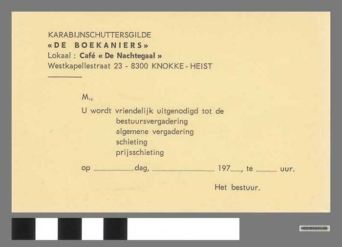 Uitnodigingskaart - Karabijnschuttersgilde 'DE BOEKANIERS'