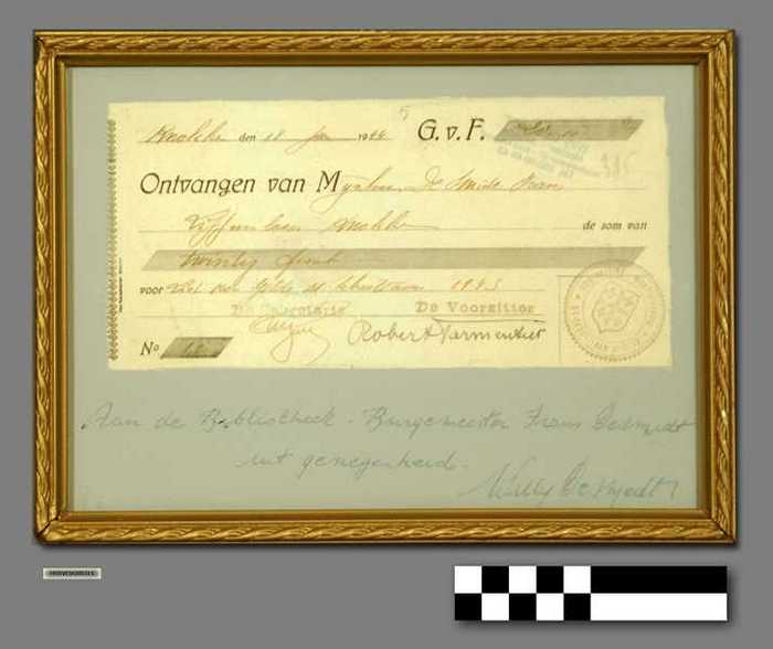 Ontvangstbewijs in gouden kader: Lidgeld van Burgemeester Frans Desmidt aan de Koninklijke Gilde St. Sebastiaan