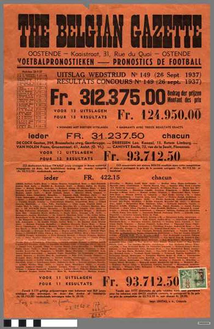 Affiche met voetbalpronostiek the Belgian gazette.