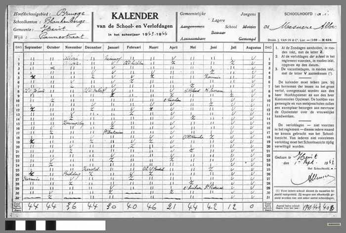 Kalender vab de School- en Verlofdagen in het schooljaar 1943-1944