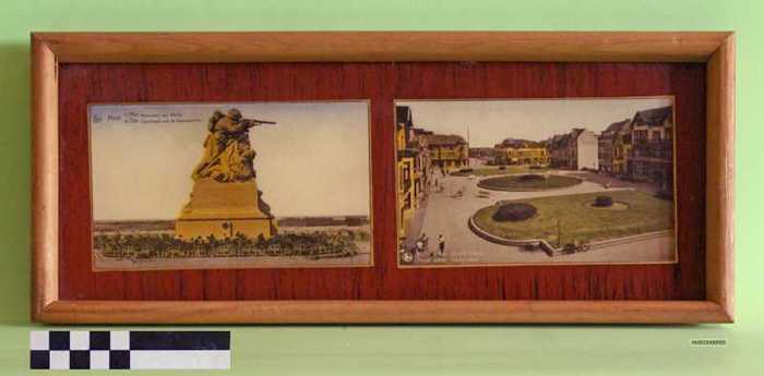 Dienblad met postkaarten, Heist a/Zee, Strand en Albertplein.