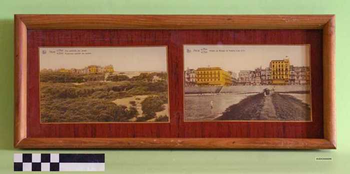 Dienblad met postkaarten, Heist a/Zee, Duinen en Hotels.