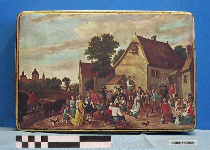 Voorraaddoos in blik met prent van een schilderij op deksel