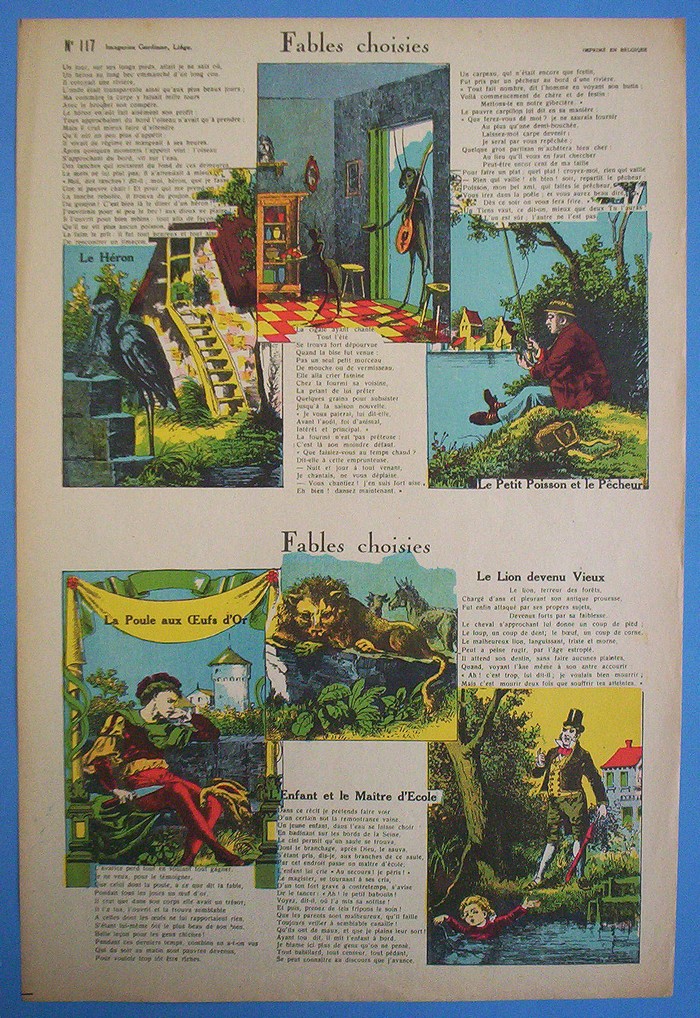 Fables choisies 'Le Héron, le petit poisson et le pêcheur, la poule aux oeufs d'or, l'enfants et le Maître d'école, Le lion devenu vieux