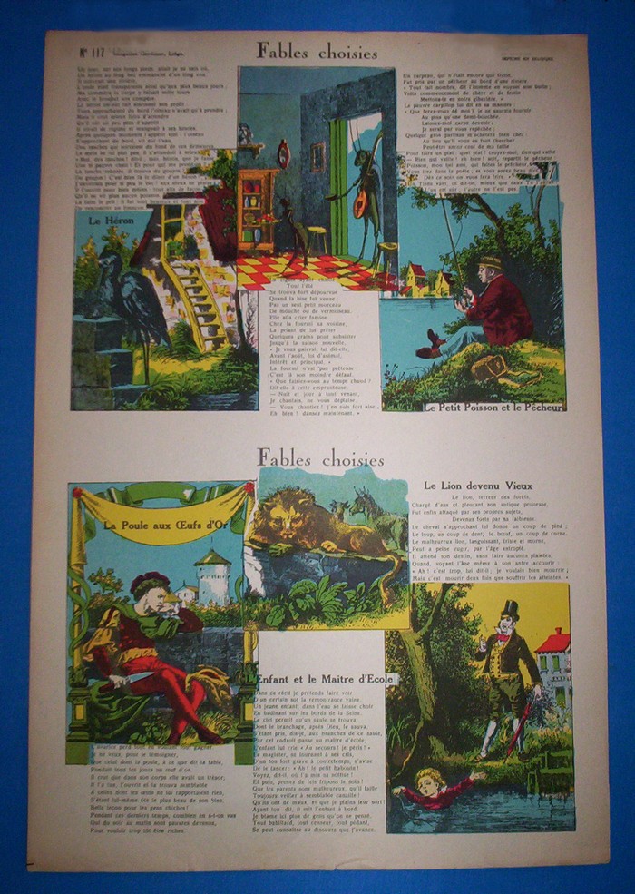 Fables choisies ? Le Héron, le petit poisson et le pêcheur, la poule aux ?ufs d?or, l'enfants et le Maître d?Ecole, Le lion devenu vieux