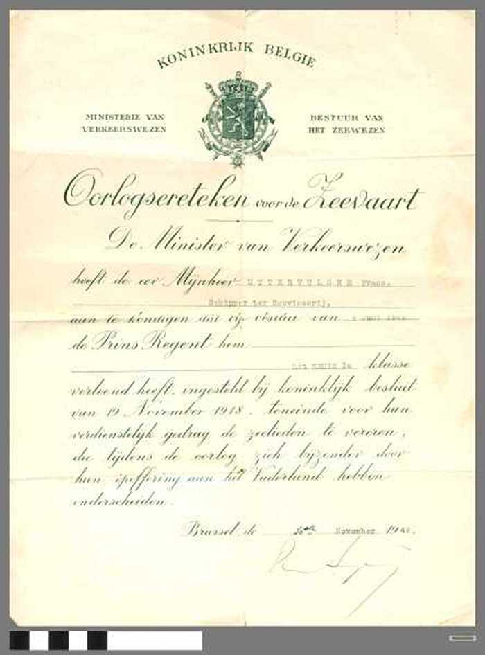 Oorlogsereteken voor de Zeevaart. Koninkrijk Belgie.