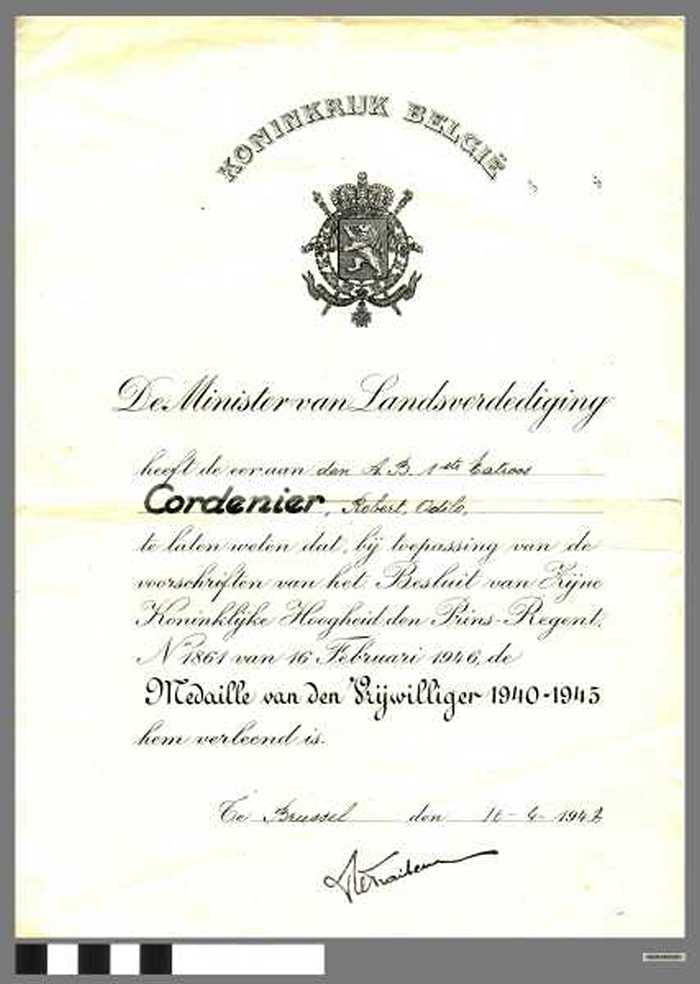 Verlening van Medaille van den Vrijwilliger 1940-1945 Robert Cordenier
