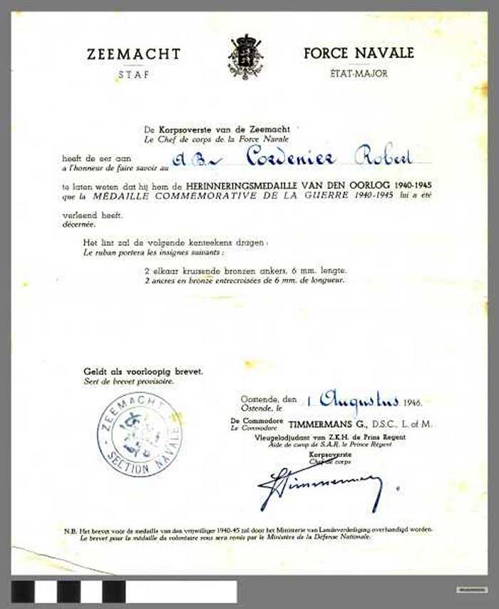 Verlening van Herinneringsmedaille van den Oorlog 1940 - 1945 aan Robert Cordenier