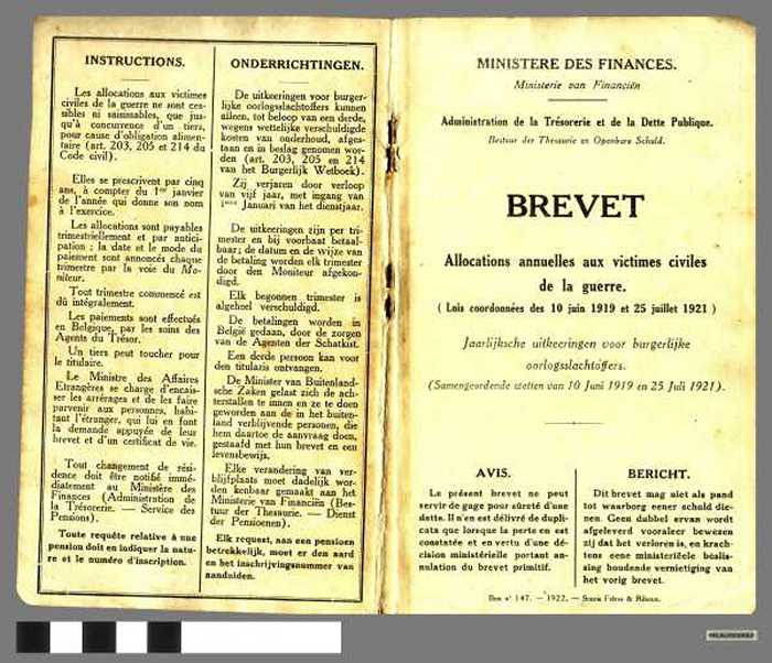 Boekje: Brevet Allocations annuelles aux victimes civiles de la guerre.