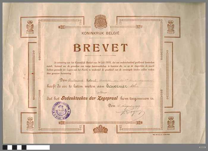 Diploma voor ereteeken - Gedenkteeken der Zegepraal - TAVERNIER Arthur