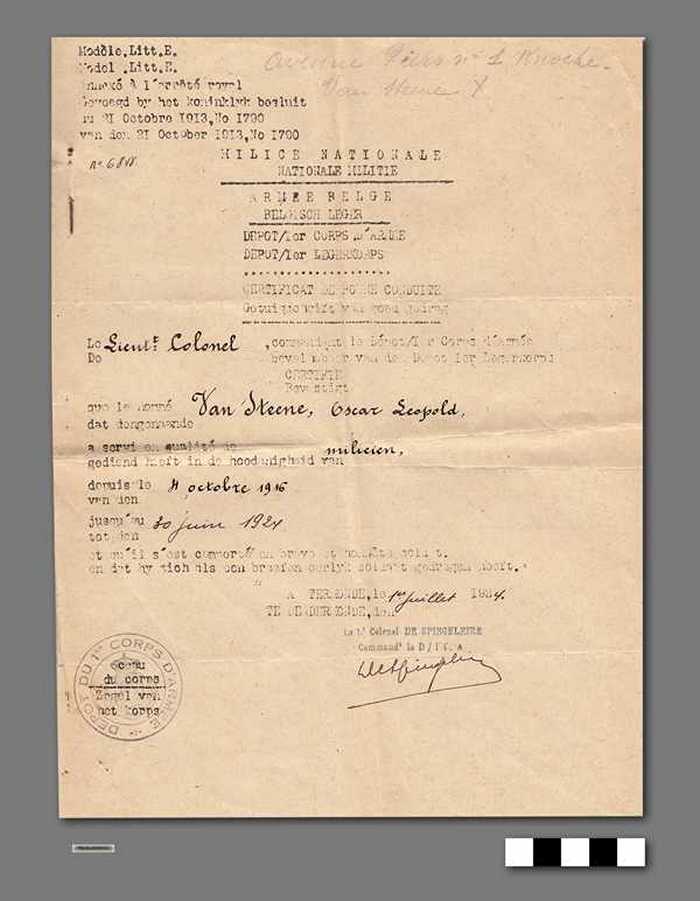 Belgisch Leger - Getuigschrift van goed gedrag - VAN STEENE Oscar