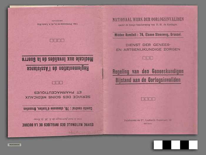 Boekje van het Nationaal werk der Oorlogsinvaliden - Regeling van den Geneeskundigen - Bijstand aan de Oorlogsinvaliden