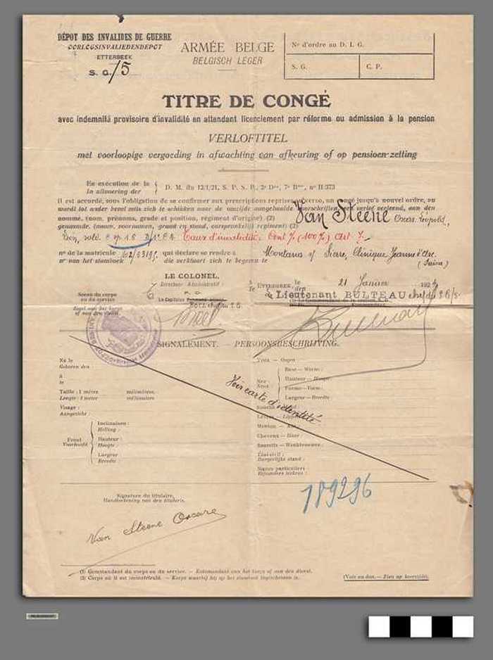 Document - Verloftitel met de voorlopige vergoeding in afwachting van afkeuring of op pension-zetting - VAN STEENE Oscar