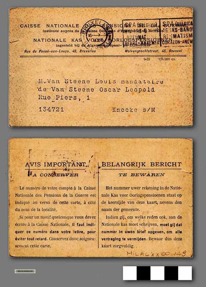 Lidkaart VAN STEENE Oscar bij de Nationale kas voor oorlogspensioenen