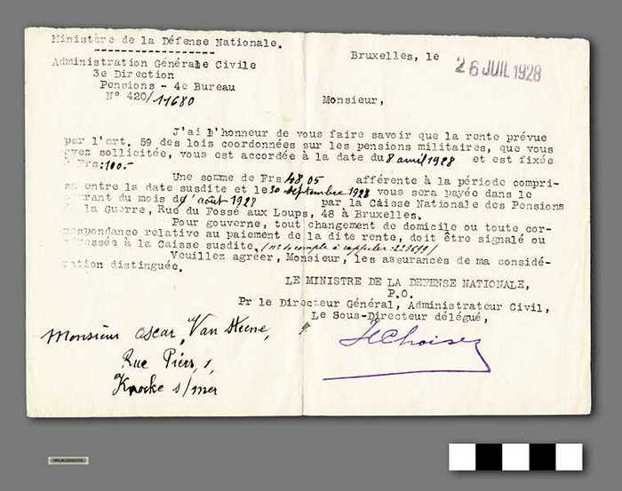 Brief van het Ministère de la Défense Nationale aan Monsieur Oscar VAN STEENE betreffende het militaire pensioen