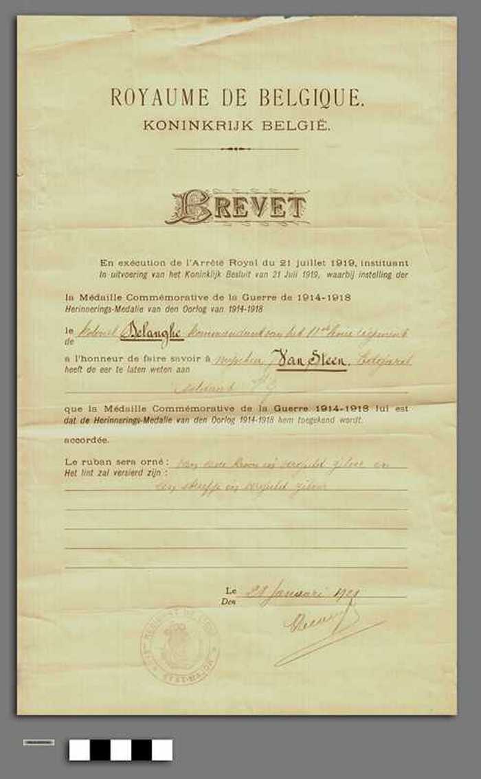 Koninkrijk België: Brevet voor de Herinnerings-Medalie van den Oorlog 1914-1918 - Van Steen Edgard