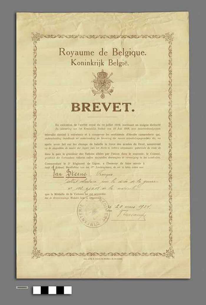 Koninkrijk België: Brevet - Overwinningsmedaille - Van Steene François